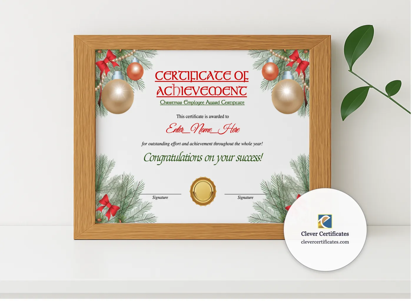 Realistic mockup featuring Christmas Employee Award Certificate displayed within a modern frame, set against a minimalistic background.
