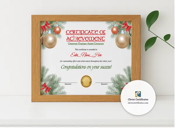 Realistic mockup featuring Christmas Employee Award Certificate displayed within a modern frame, set against a minimalistic background.