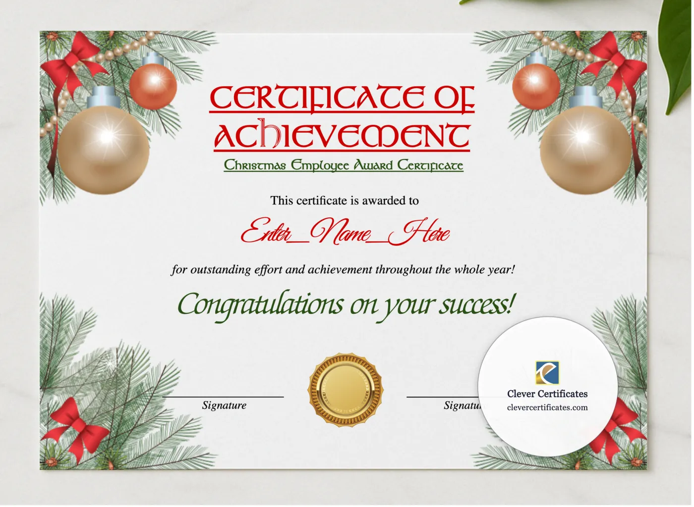 Christmas Employee Award Certificate presented in a sleek wooden frame, elegantly arranged on a stylish table.