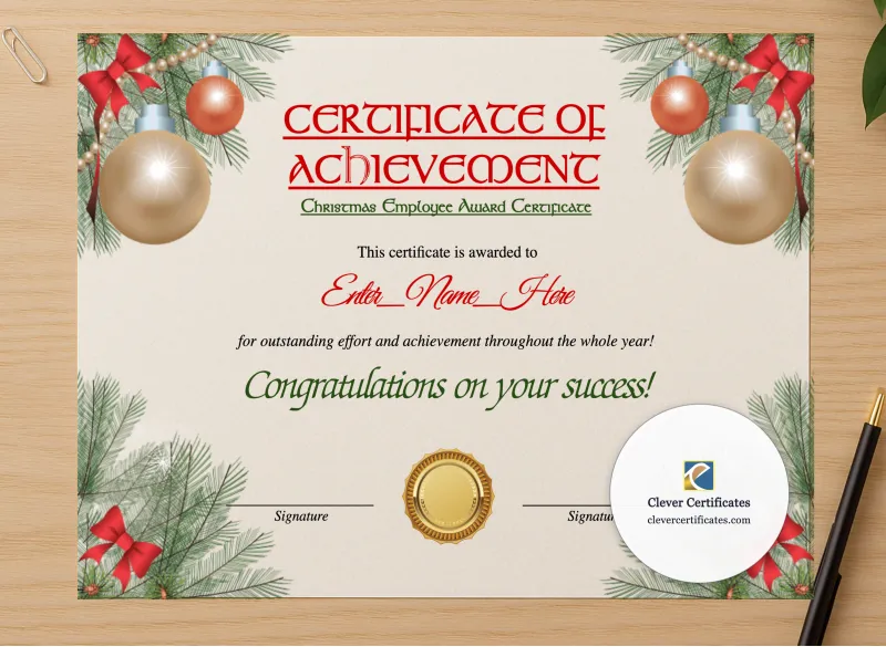 Professional preview of Christmas Employee Award Certificate certificate on high-quality stationery paper, ideal for showcasing the final look.