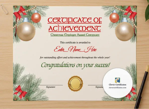Professional preview of Christmas Employee Award Certificate certificate on high-quality stationery paper, ideal for showcasing the final look.