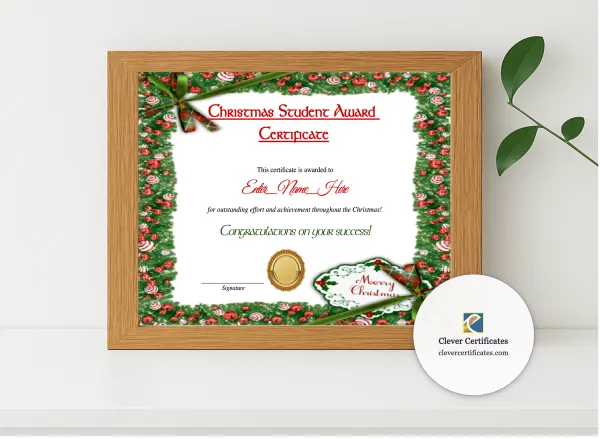 Realistic mockup featuring Christmas Student Award Certificate displayed within a modern frame, set against a minimalistic background.