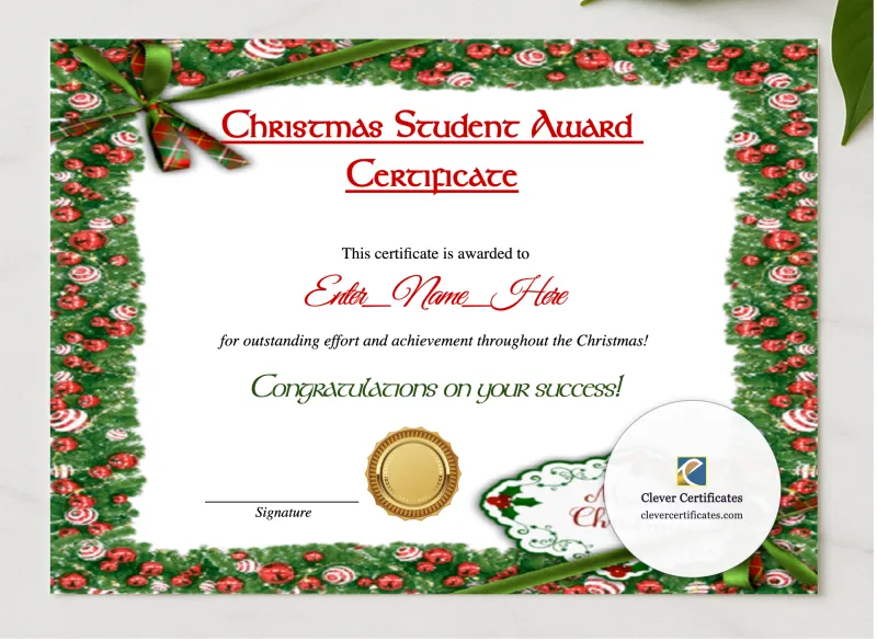 Christmas Student Award Certificate presented in a sleek wooden frame, elegantly arranged on a stylish table.