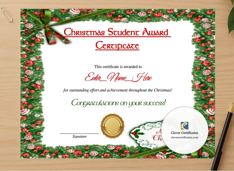 Professional preview of Christmas Student Award Certificate certificate on high-quality stationery paper, ideal for showcasing the final look.