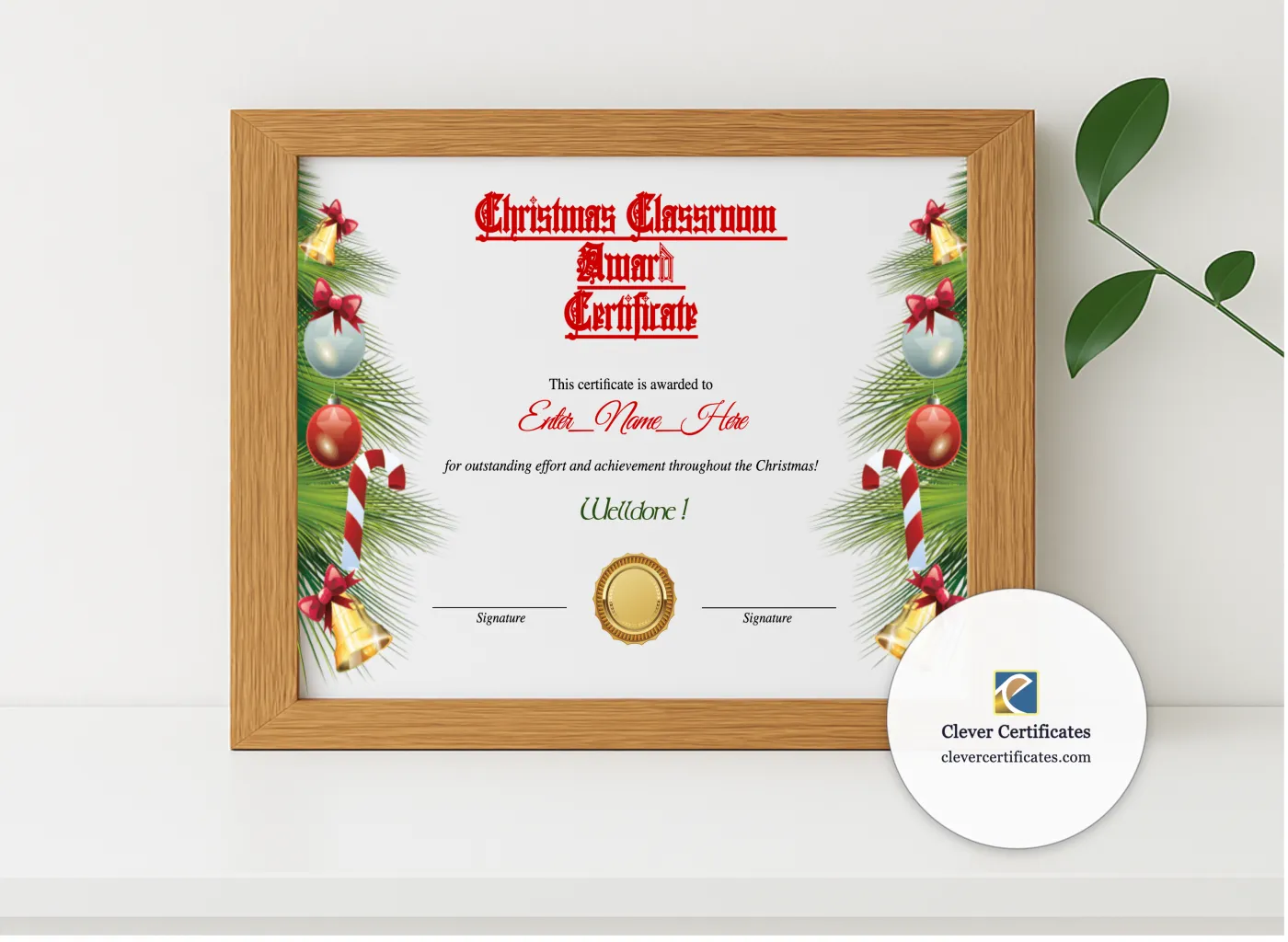 Realistic mockup featuring Christmas Classroom Award Certificate displayed within a modern frame, set against a minimalistic background.
