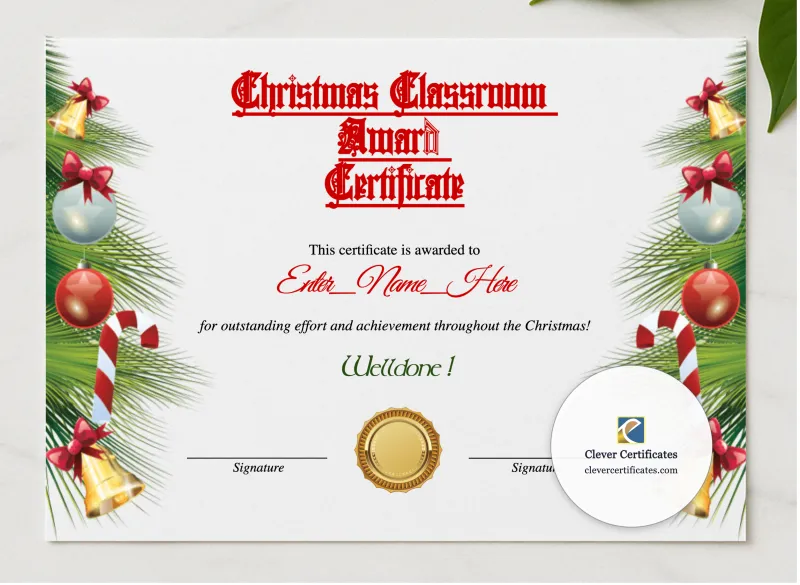 Christmas Classroom Award Certificate presented in a sleek wooden frame, elegantly arranged on a stylish table.