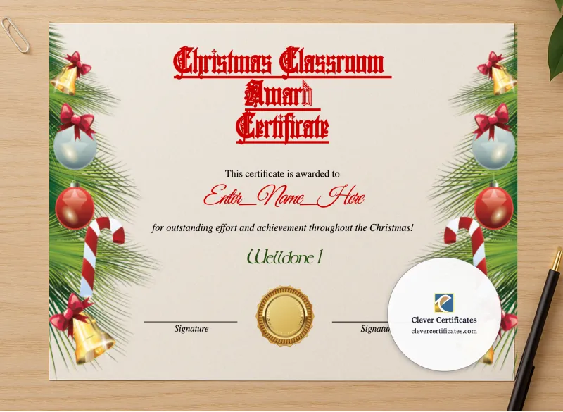 Professional preview of Christmas Classroom Award Certificate certificate on high-quality stationery paper, ideal for showcasing the final look.