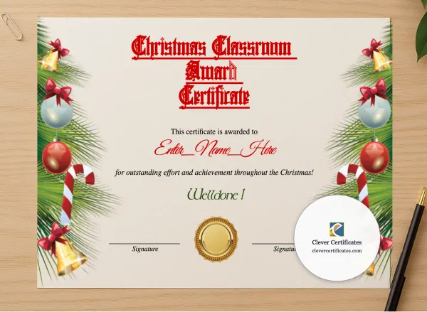 Professional preview of Christmas Classroom Award Certificate certificate on high-quality stationery paper, ideal for showcasing the final look.