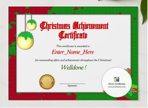 Christmas Achievement Certificate presented in a sleek wooden frame, elegantly arranged on a stylish table.