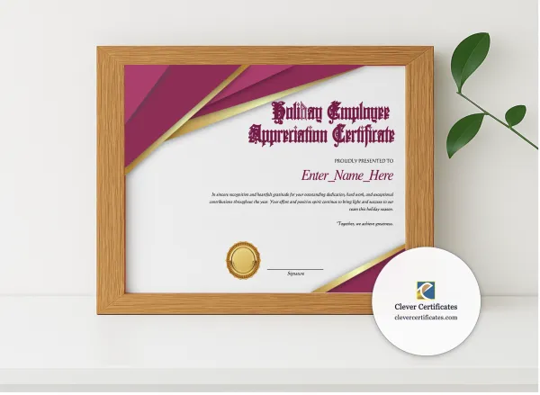 Realistic mockup featuring Holiday Employee Appreciation Certificate displayed within a modern frame, set against a minimalistic background.