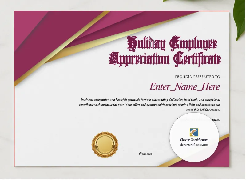 Holiday Employee Appreciation Certificate presented in a sleek wooden frame, elegantly arranged on a stylish table.