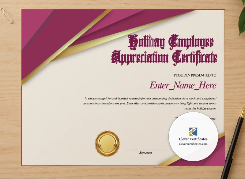 Professional preview of Holiday Employee Appreciation Certificate certificate on high-quality stationery paper, ideal for showcasing the final look.