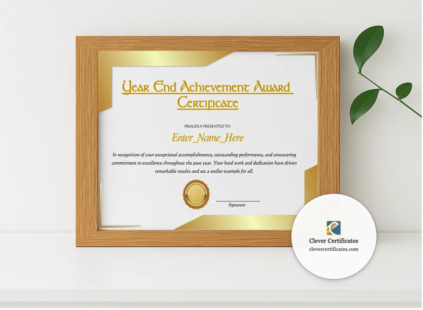 Realistic mockup featuring Year End Achievement Award Certificate displayed within a modern frame, set against a minimalistic background.