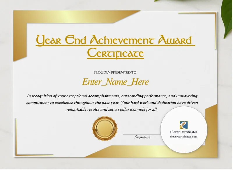 Year End Achievement Award Certificate presented in a sleek wooden frame, elegantly arranged on a stylish table.