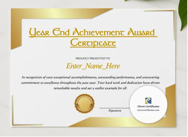 Year End Achievement Award Certificate presented in a sleek wooden frame, elegantly arranged on a stylish table.