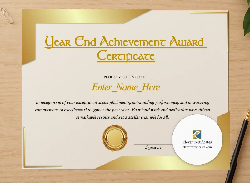 Professional preview of Year End Achievement Award Certificate certificate on high-quality stationery paper, ideal for showcasing the final look.
