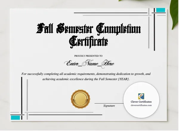 Fall Semester Completion Certificate presented in a sleek wooden frame, elegantly arranged on a stylish table.