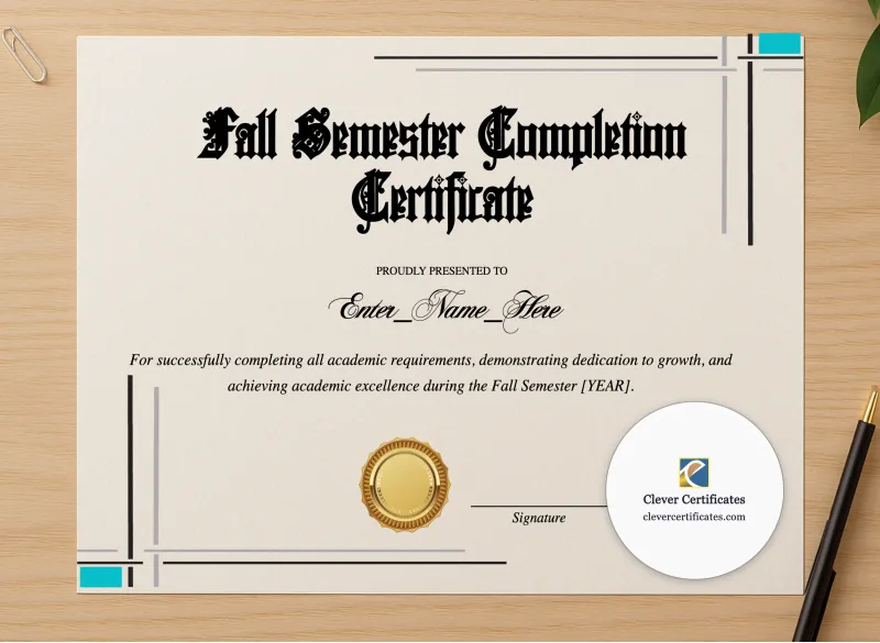 Professional preview of Fall Semester Completion Certificate certificate on high-quality stationery paper, ideal for showcasing the final look.