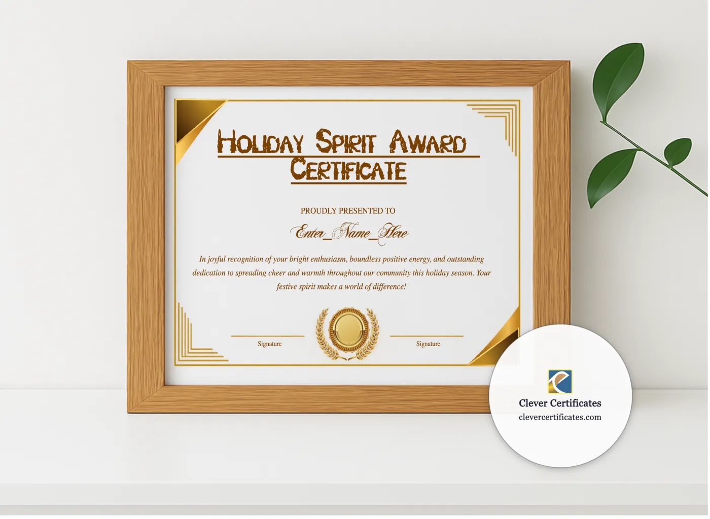 Realistic mockup featuring Holiday Spirit Award Certificate displayed within a modern frame, set against a minimalistic background.