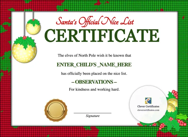 Free Santa Official Nice List Certificate