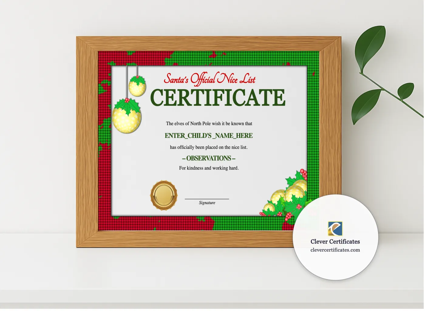Realistic mockup featuring Santa Official Nice List Certificate displayed within a modern frame, set against a minimalistic background.