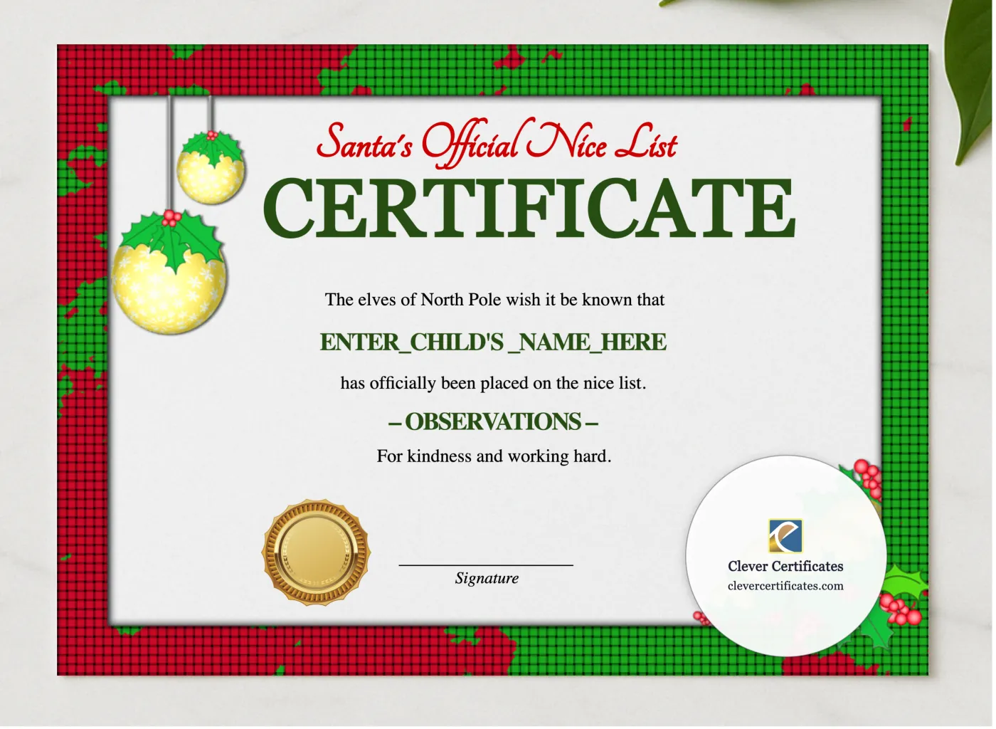 Santa Official Nice List Certificate presented in a sleek wooden frame, elegantly arranged on a stylish table.