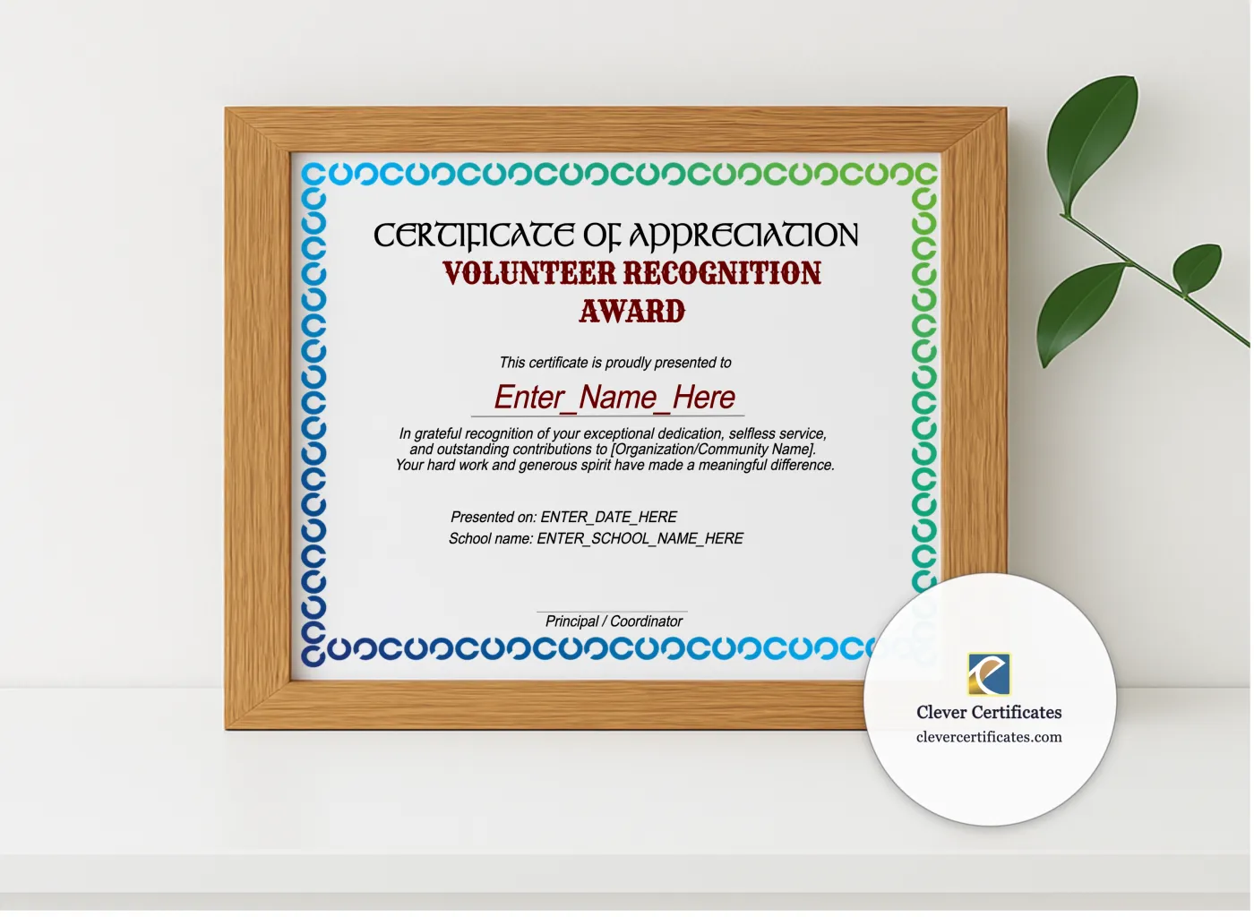 Realistic mockup featuring Volunteer Of The Year Certificate displayed within a modern frame, set against a minimalistic background.