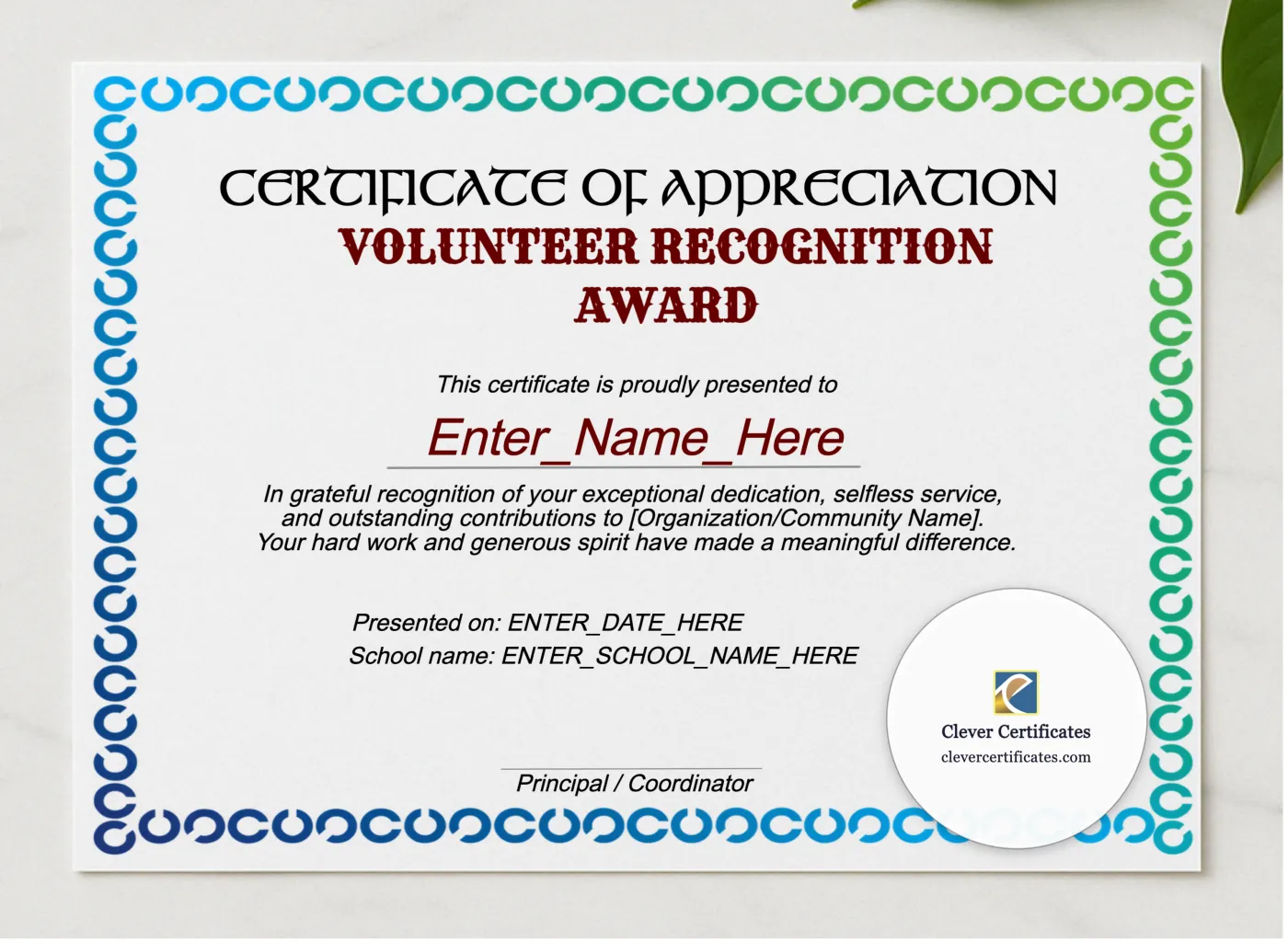 Volunteer Of The Year Certificate presented in a sleek wooden frame, elegantly arranged on a stylish table.