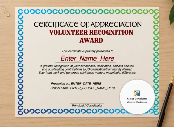 Professional preview of Volunteer Of The Year Certificate certificate on high-quality stationery paper, ideal for showcasing the final look.