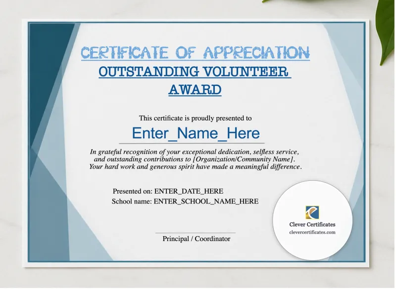 Outstanding Volunteer Certificate presented in a sleek wooden frame, elegantly arranged on a stylish table.