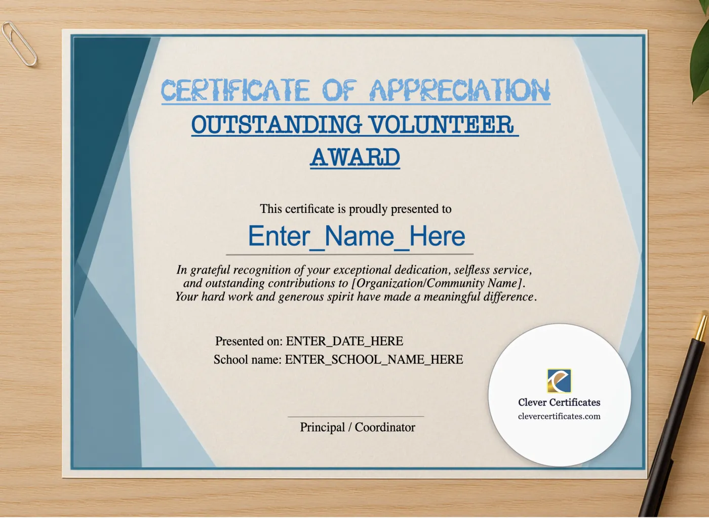 Professional preview of Outstanding Volunteer Certificate certificate on high-quality stationery paper, ideal for showcasing the final look.