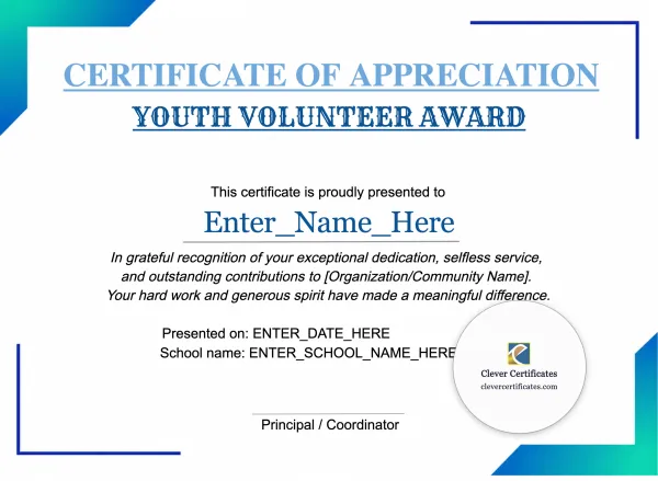 Free Youth Volunteer Certificate