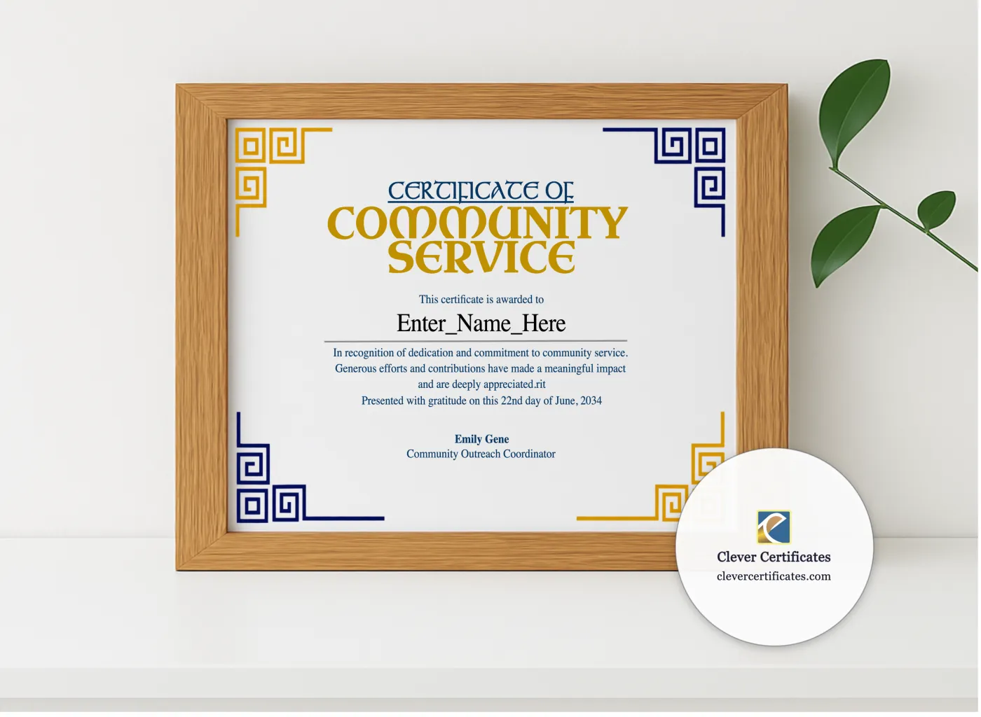 Realistic mockup featuring Community Service Recognition Certificate displayed within a modern frame, set against a minimalistic background.