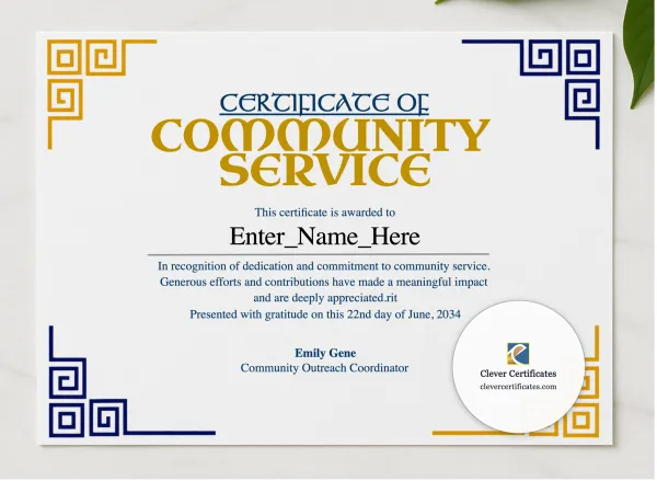 Community Service Recognition Certificate presented in a sleek wooden frame, elegantly arranged on a stylish table.