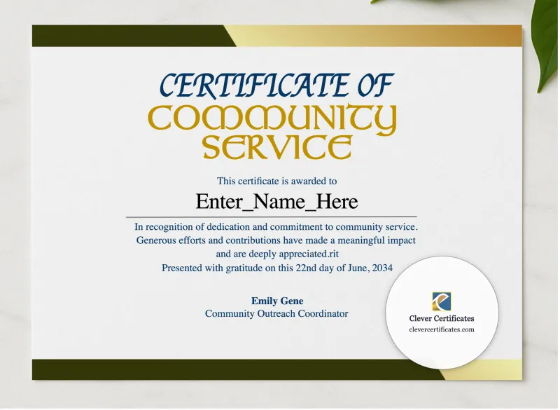 Community Service Award presented in a sleek wooden frame, elegantly arranged on a stylish table.