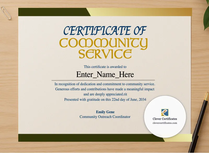 Professional preview of Community Service Award certificate on high-quality stationery paper, ideal for showcasing the final look.