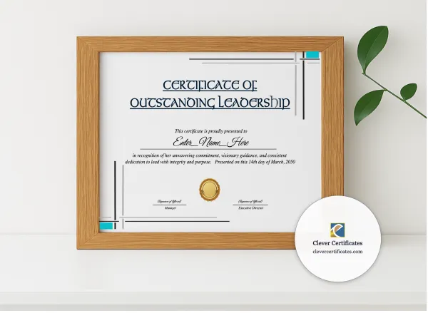Realistic mockup featuring Leadership Excellence Award Certificate displayed within a modern frame, set against a minimalistic background.