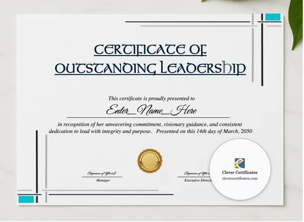 Leadership Excellence Award Certificate presented in a sleek wooden frame, elegantly arranged on a stylish table.