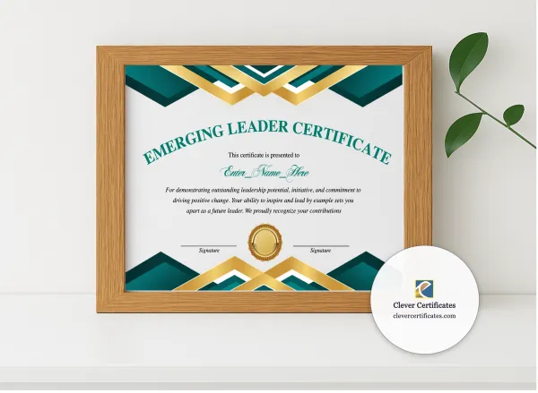 Realistic mockup featuring Emerging Leader Certificate displayed within a modern frame, set against a minimalistic background.