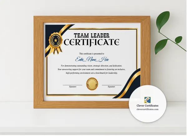 Realistic mockup featuring Team Leadership Award displayed within a modern frame, set against a minimalistic background.