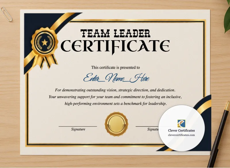 Professional preview of Team Leadership Award certificate on high-quality stationery paper, ideal for showcasing the final look.