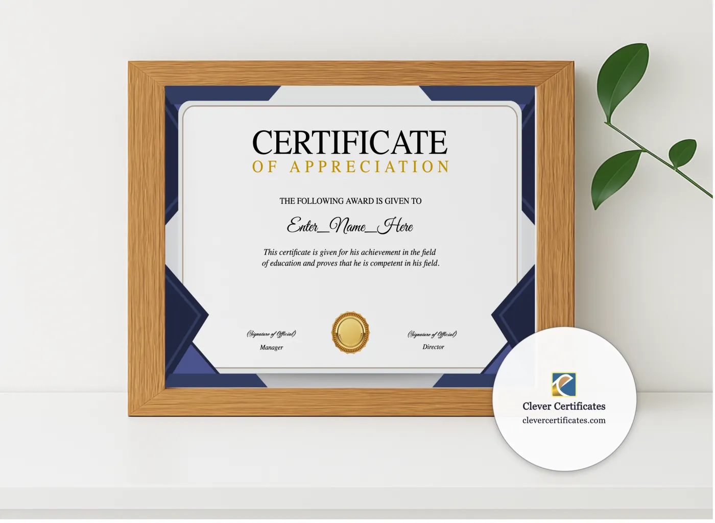 Realistic mockup featuring Staff Appreciation Certificate displayed within a modern frame, set against a minimalistic background.