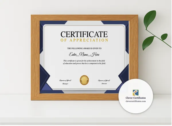 Realistic mockup featuring Staff Appreciation Certificate displayed within a modern frame, set against a minimalistic background.
