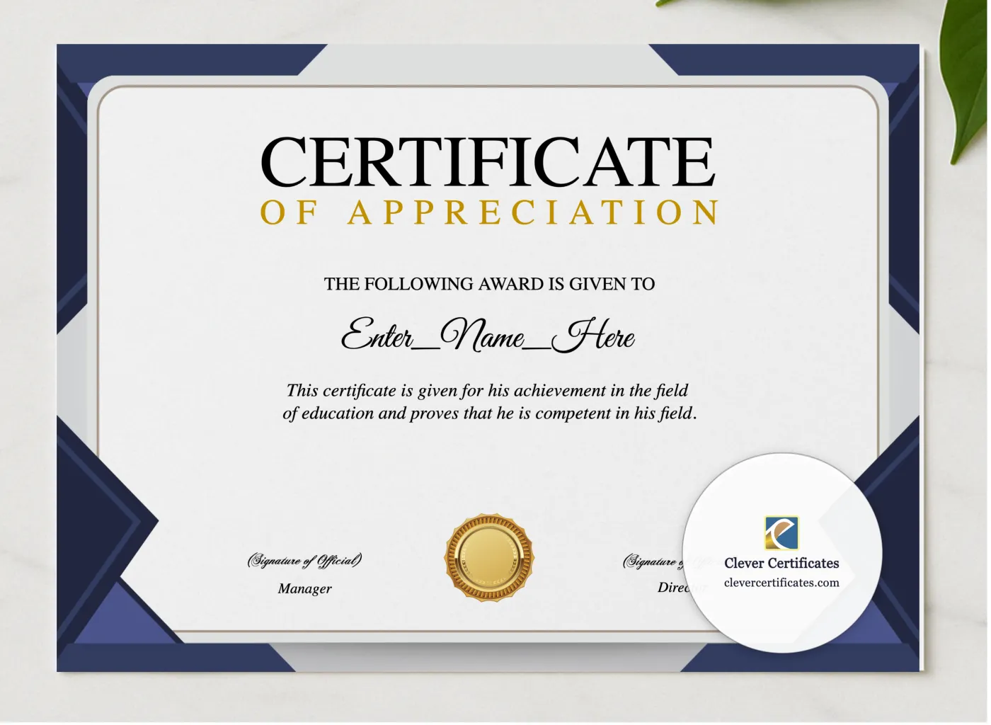 Staff Appreciation Certificate presented in a sleek wooden frame, elegantly arranged on a stylish table.