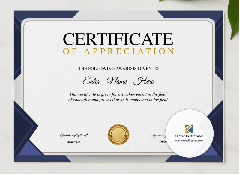 Staff Appreciation Certificate presented in a sleek wooden frame, elegantly arranged on a stylish table.