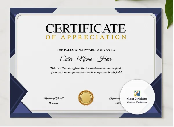 Staff Appreciation Certificate presented in a sleek wooden frame, elegantly arranged on a stylish table.