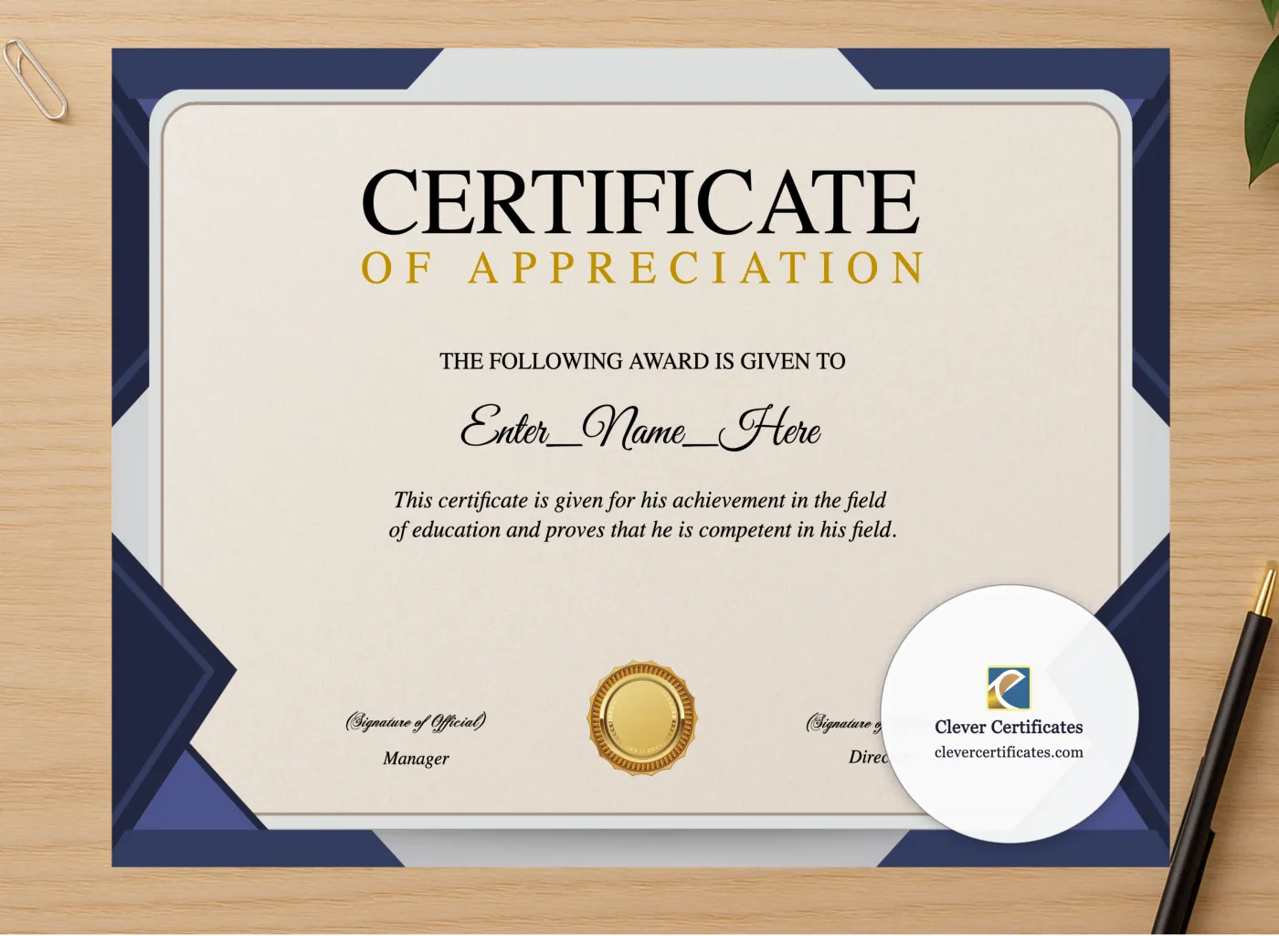 Professional preview of Staff Appreciation Certificate certificate on high-quality stationery paper, ideal for showcasing the final look.
