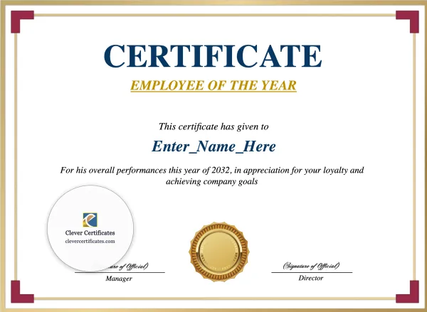 Free Employee Of The Year Certificate Gold Border