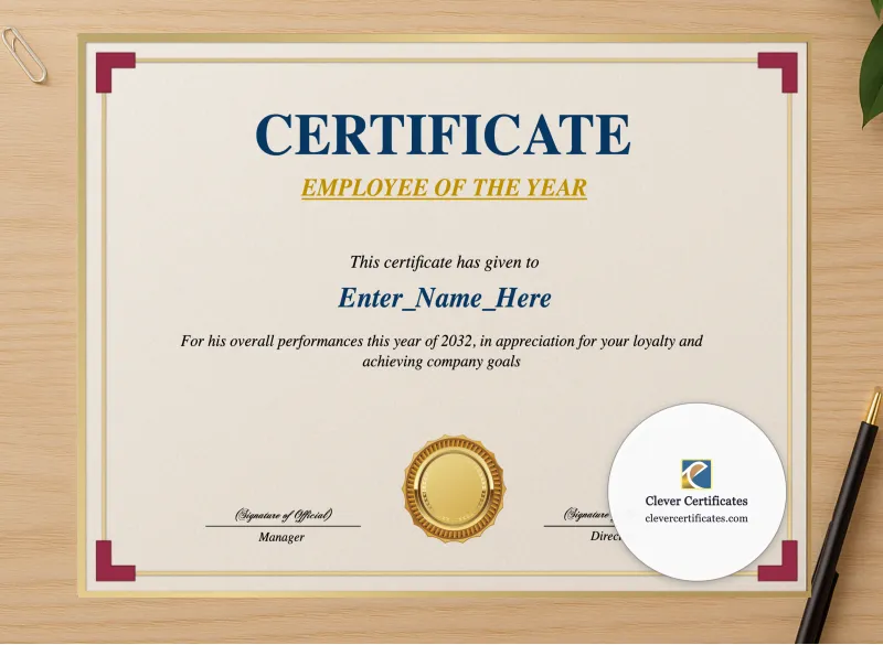 Professional preview of Employee Of The Year Certificate Gold Border certificate on high-quality stationery paper, ideal for showcasing the final look.
