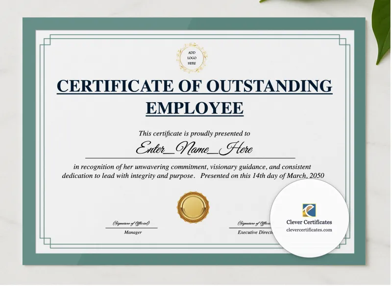 Outstanding Employee Award presented in a sleek wooden frame, elegantly arranged on a stylish table.